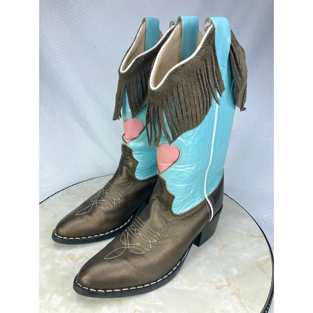 Old West Fringe Leather Western Boots Youth Sz 4.5 Turquoise Bronze Cowboy Rodeo